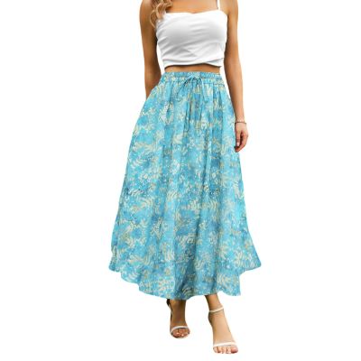 Abaadlw Maxi Skirts for Women with Pockets Long Midi Length Casual Skirt for Beach Party Holiday (A35 Blue Gold XXL)