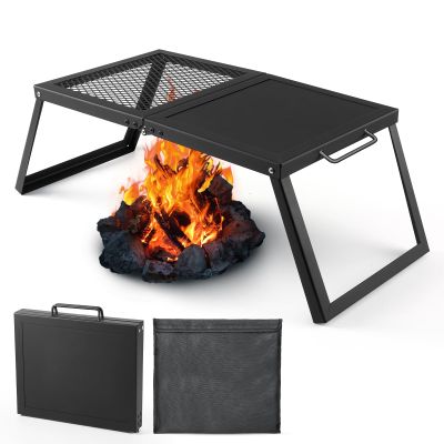 Odoland Folding Campfire Grill, Heavy Duty Steel Mesh Grate with Folding Legs and Storage Bag, Portable Camping Grates, Over Fire Pit Grill Rack for Outdoor Cooking and Bonfire