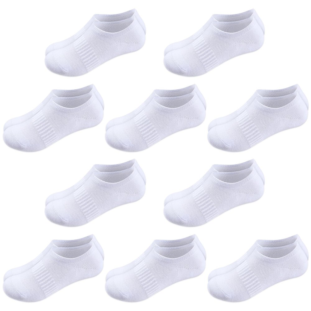 BOOPH 10 Pairs Kids Socks Boys Girls Athletic Ankle Socks Full Cushioned Low Cut Uniform No Show Sock White 9-12 Years
