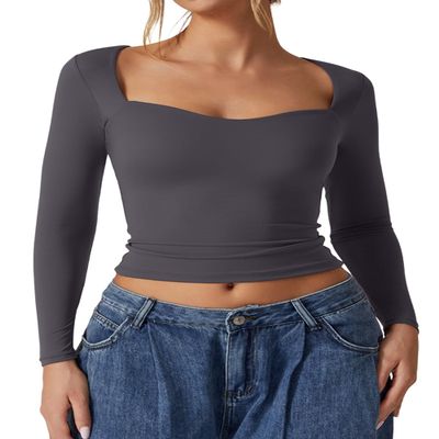 QINSEN Womens Daily Basic Tops Double Lined Long Sleeve Sweetheart Neck Cropped Tee Shirt Dark Grey M