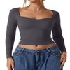 QINSEN Womens Daily Basic Tops Double Lined Long Sleeve Sweetheart Neck Cropped Tee Shirt Dark Grey M view 1