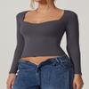 QINSEN Womens Daily Basic Tops Double Lined Long Sleeve Sweetheart Neck Cropped Tee Shirt Dark Grey M view 2