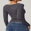 QINSEN Womens Daily Basic Tops Double Lined Long Sleeve Sweetheart Neck Cropped Tee Shirt Dark Grey M view 3