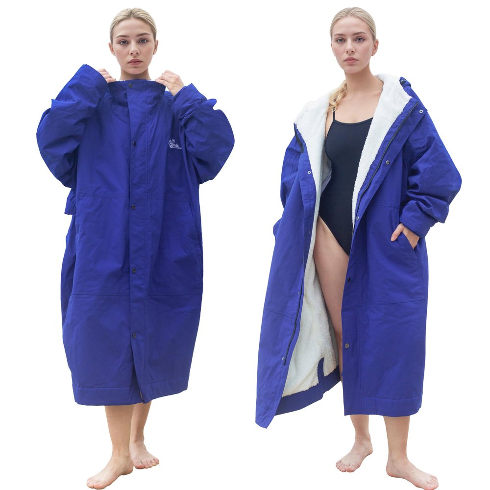 Catalonia Swim Parka for Men Women, Oversized Waterproof Surf Coat, Warm Sherpa Lined Swim Jackets, Oversized Hooded Changing Surf Poncho