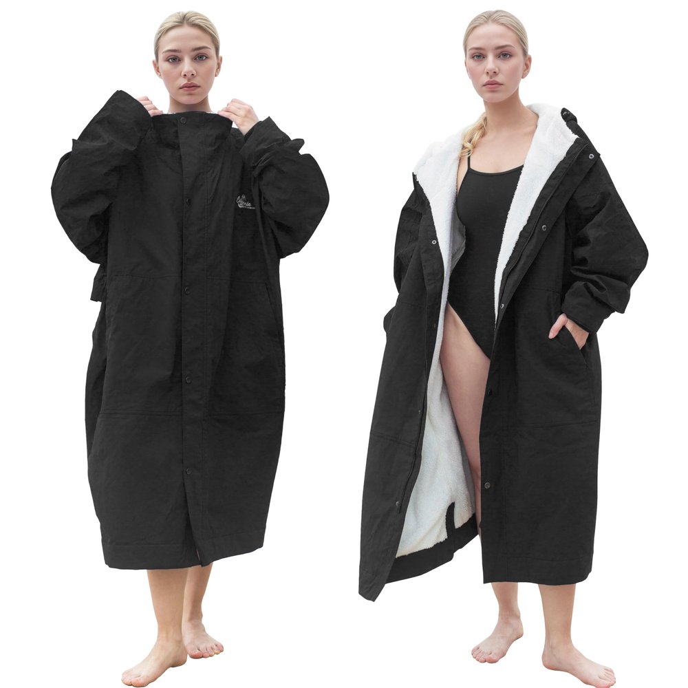 Catalonia Swim Parka for Men Women, Oversized Waterproof Surf Coat, Warm Sherpa Lined Swim Jackets, Oversized Hooded Changing Surf Poncho