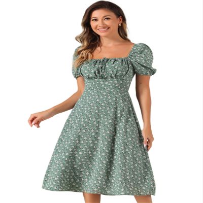 Allegra K Peasant Floral Dresses for Women's Puff Sleeve Smocked Square Neck Milkmaid Midi Dress X-Small Gray Green