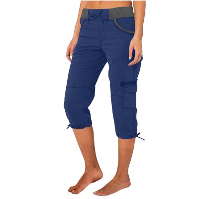 Women's Cargo Capri Pant Loose Fit Casual Capri Pants Dressy Lightweight Ladies Baggy Cargo Pants for Hiking Dark Blue