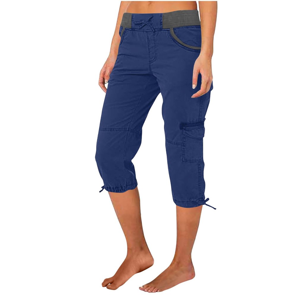 Women's Cargo Capri Pant Loose Fit Casual Capri Pants Dressy Lightweight Ladies Baggy Cargo Pants for Hiking Dark Blue
