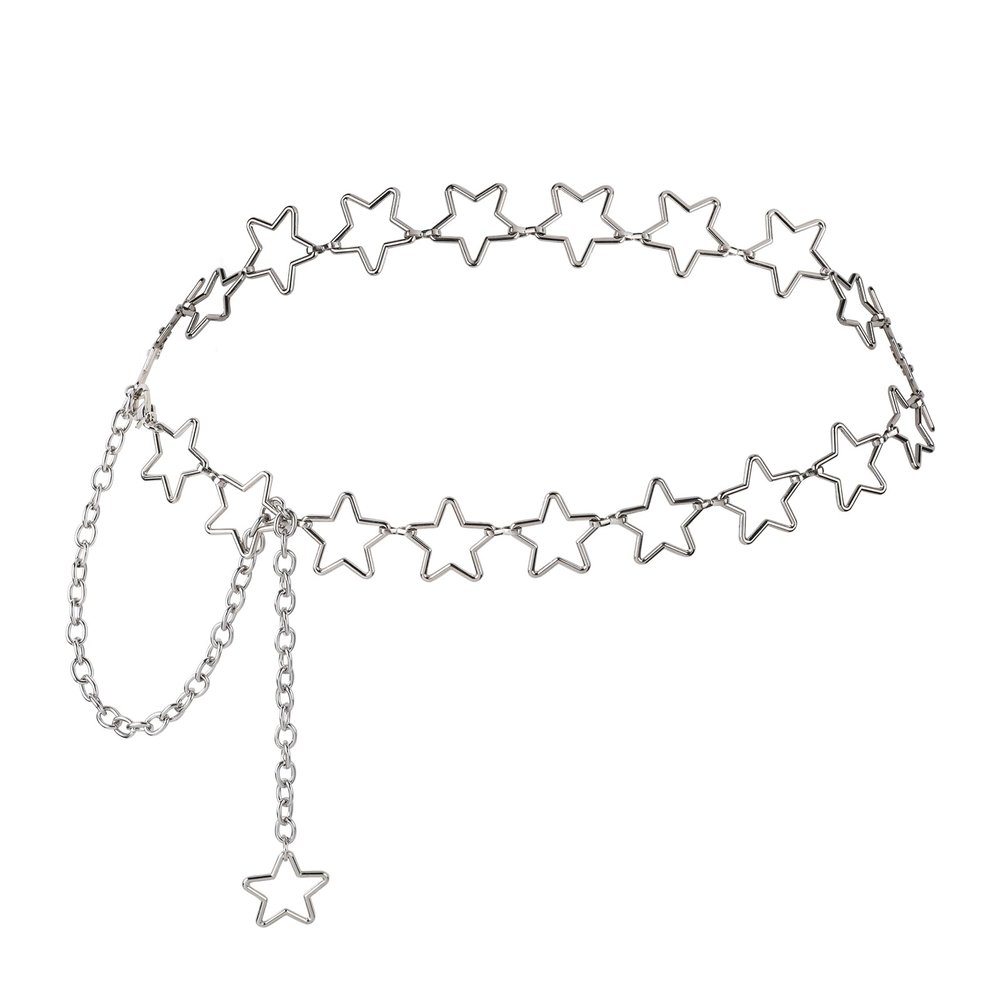 Women's Star Waist Chain, Silver Chain Belt Metal Belly Chain Adjustable Body Chains Plus Size Belt Chain Trendy Western Belly Chains Belt Jewelry with Long Tassel for Women Girls Dresses Skirts Jeans