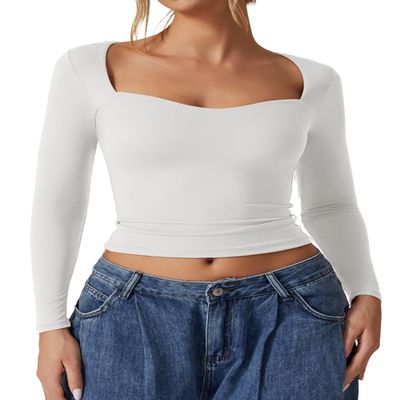 QINSEN Women's Sweetheart Neck Long Sleeve Crop Tops Double Lined Slim Fit T Shirts Basic Tee White S