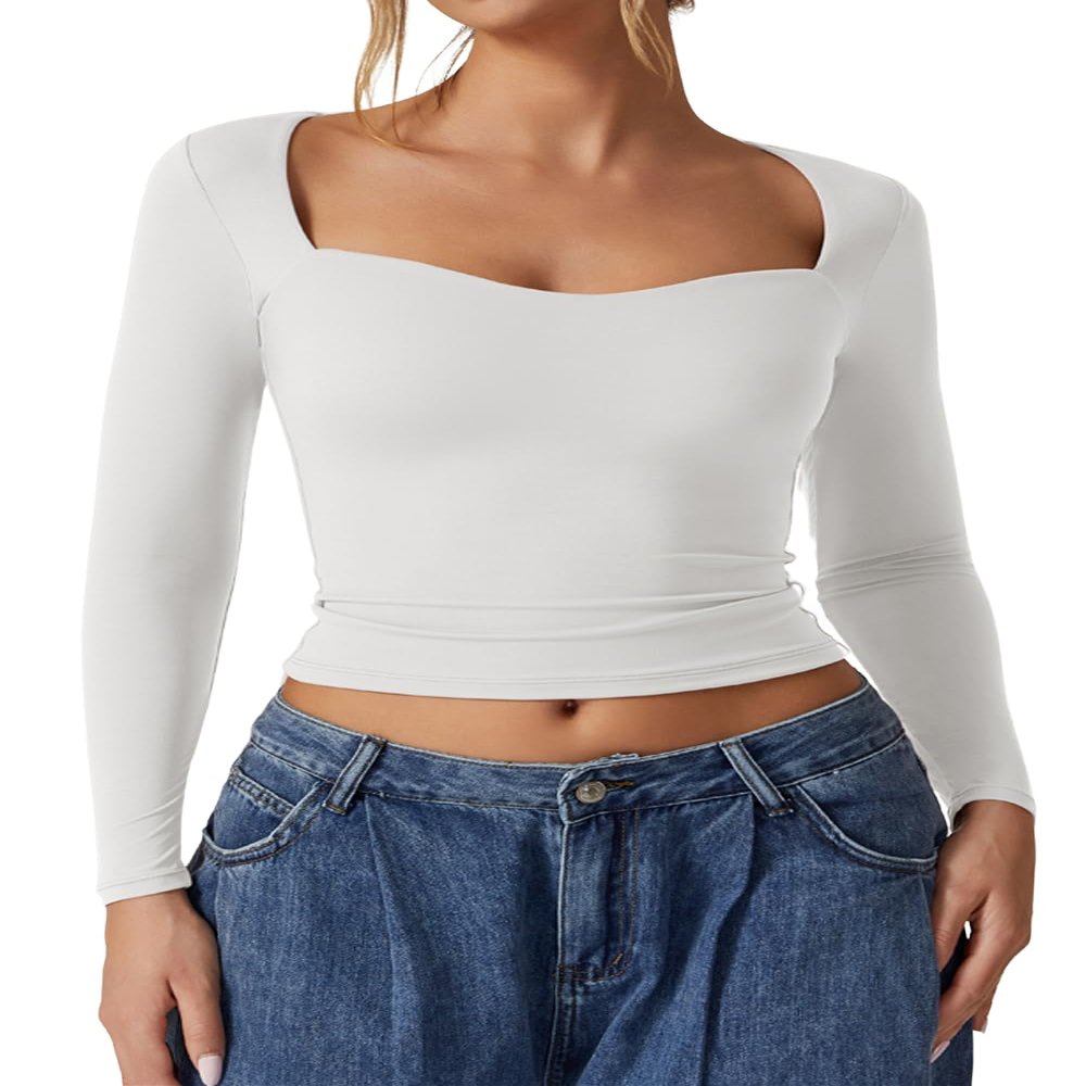 QINSEN Women's Sweetheart Neck Long Sleeve Crop Tops Double Lined Slim Fit T Shirts Basic Tee White S