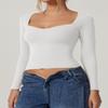 QINSEN Women's Sweetheart Neck Long Sleeve Crop Tops Double Lined Slim Fit T Shirts Basic Tee White S view 2