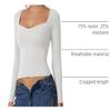 QINSEN Women's Sweetheart Neck Long Sleeve Crop Tops Double Lined Slim Fit T Shirts Basic Tee White S view 4