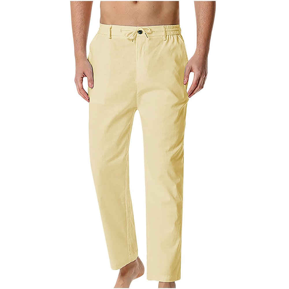 NineFit Basics Straight Leg Linen Pants Men Drawstring Trendy Lounge Pants Elastic Waist Lightweight Summer Pants Soild Trousers Yellow, XX-Large