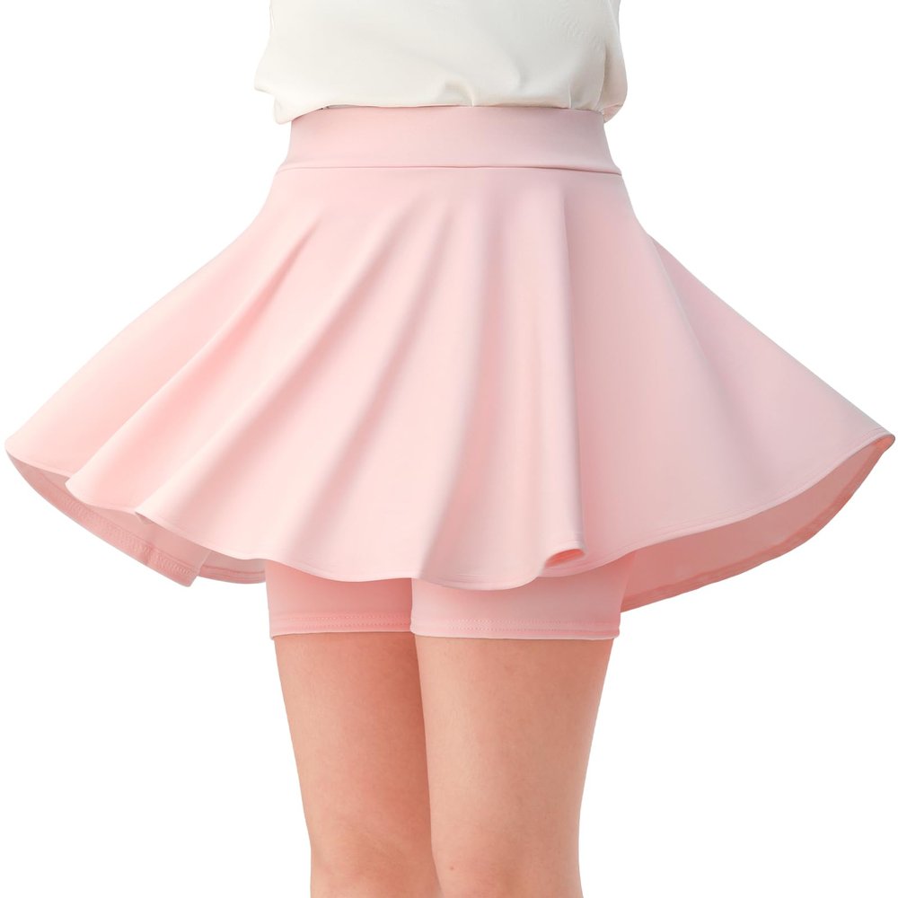 Comfyouth Girls Skirts Casual Mini Flare Pleated Skirt with Shorts High Waisted Skater Skirt A Line Skorts Pink