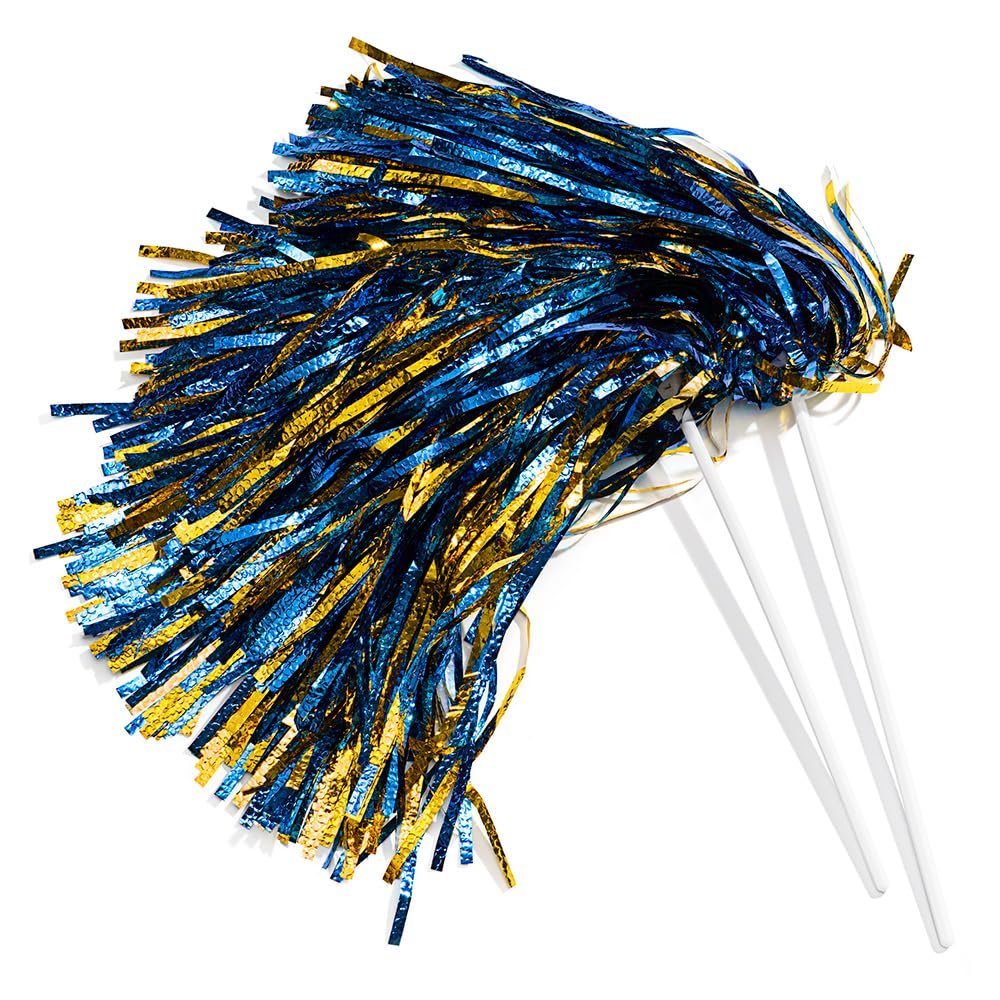 Anderson's Metallic Blue and Gold Foil Textured School Spirit Shakers, Cheerleader Pom Poms, Football, Basketball, Homecoming Squad, Team, Party, Dance, Club, Performance, Fan Celebration Pack of 10