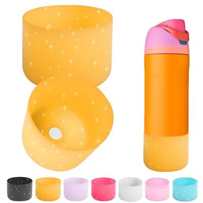 2PCS Silicone Water Bottle Boot for Owala 14/16oz 24oz 32oz 40oz,Anti-Slip Protective Sleeve Bottom Bumper Protector for FreeSip, Twist, and Flip Water Bottles (Clear Glitter Yellow, 40oz)