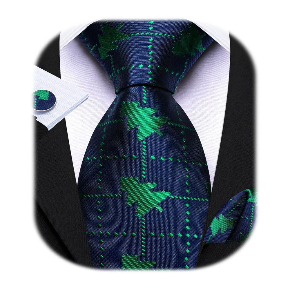 Barry.Wang Christmas Ties for Men Necktie Festival Tie Sets Xmas Tree Snowflakes Handkerchief Cufflinks Party Holiday