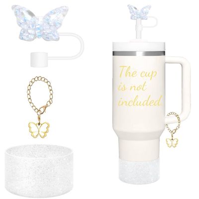 3 Pieces Accessories for Stanley CupButterfly Chain for Stumbler with Handle, Silicone Boot and Straw Covers Stuff Decor Water Bottle Jewelry Tumbler Personalized Decorations Tag (White)
