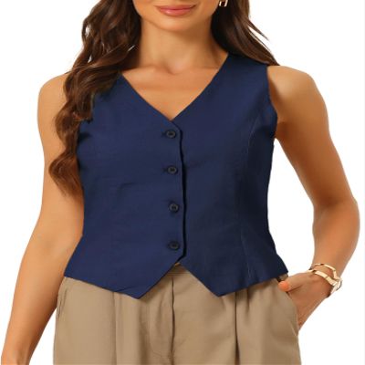 Allegra K Vest Waistcoat for Women's Fashion Sleeveless Button Down V Neck Crop Top Summer Vest Large Deep Blue