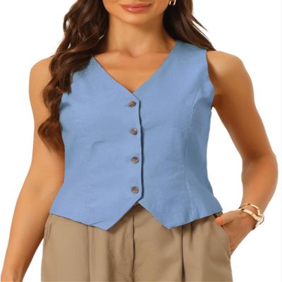 Allegra K Vest Tops for Women Summer Cotton Linen Sleeveless Button Down V Neck Fully Lined Waistcoat Cropped Vests Small Light Blue