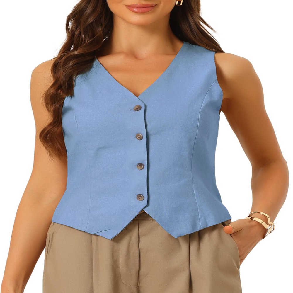 Allegra K Vest Tops for Women Summer Cotton Linen Sleeveless Button Down V Neck Fully Lined Waistcoat Cropped Vests Small Light Blue