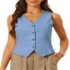 Allegra K Vest Tops for Women Summer Cotton Linen Sleeveless Button Down V Neck Fully Lined Waistcoat Cropped Vests Small Light Blue view 1