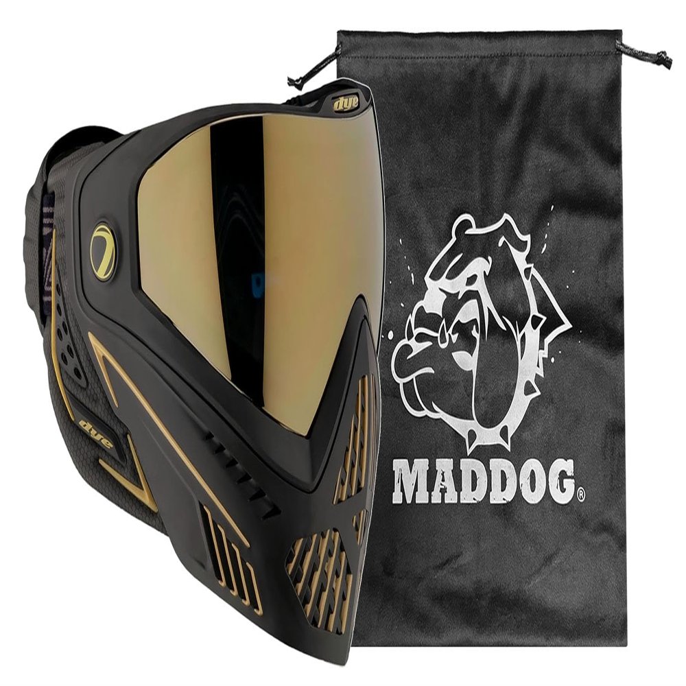 Maddog Dye i5 Thermal Dual-Pane Anti-Fog Lens Paintball Airsoft Mask Goggle System Combo with Microfiber Storage Bag | High Performance Safety Certified Protection - Onyx Gold 2.0 - Black/Gold