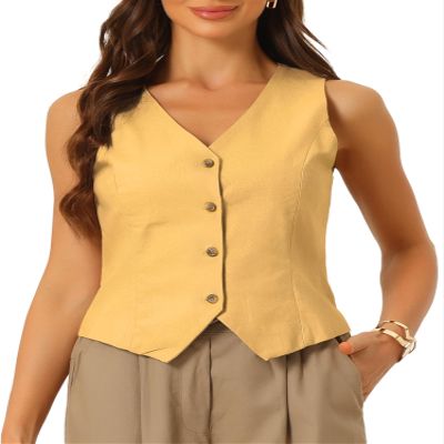Allegra K Vest Waistcoat for Women's Fashion Sleeveless Button Down V Neck Crop Top Summer Vest Large Yellow