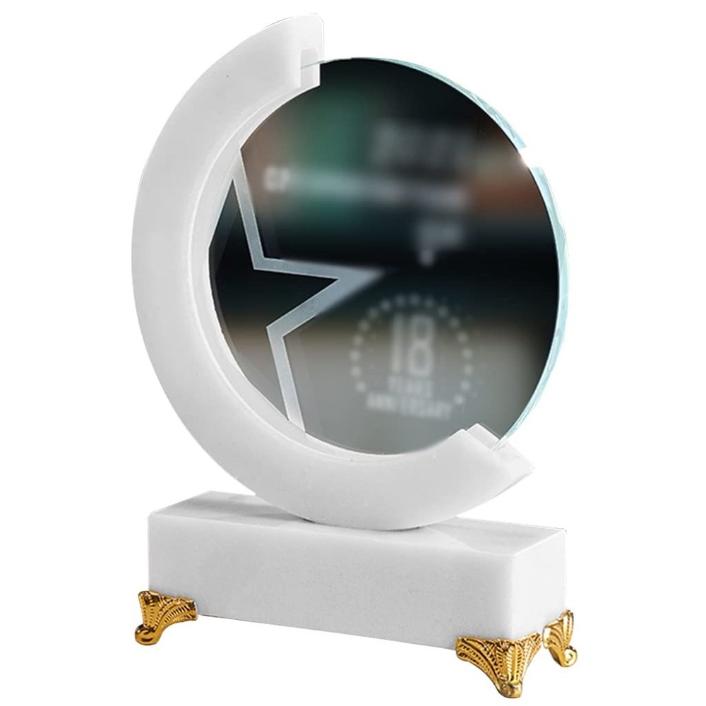 UUNVTOSU Award Trophies Trophy Cups for Party Creative Round Marble Texture Trophies, Transparent K9 Crystal Desktop Ornament, Non-Slip Trophy with Gold Foot Support, for The Winner Trophy(White Troph