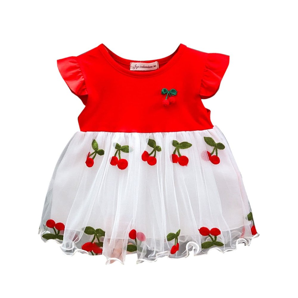 Children's Skirt Red Cherry Summer Short Sleeved Dress Stitching Embroidery Skirt Western Girl Skirt (Red, 3-6 Months)