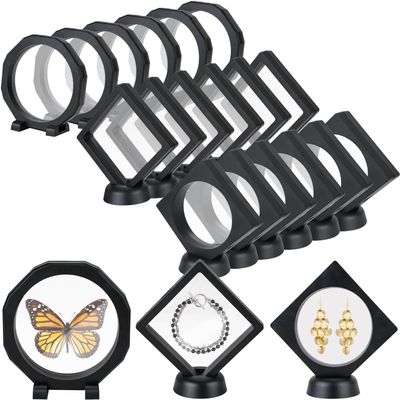 3D Floating Display Case, Transparent Film Jewely Storage Box, Black Challenge Coin Display Holder Stand for Antique Challenge Coins Medals Jewelry Shells Gems Minerals Rocks Specimen Pins (18Pcs)