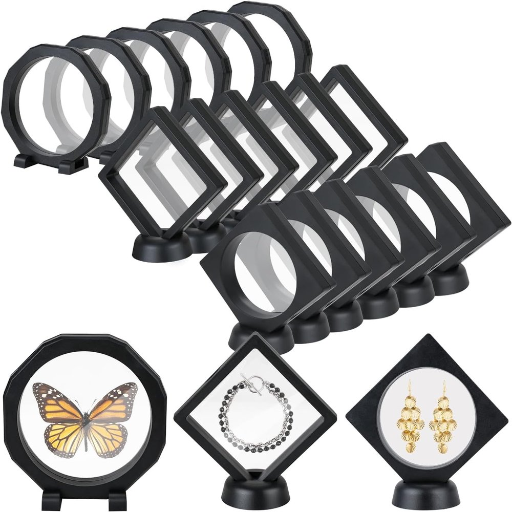 3D Floating Display Case, Transparent Film Jewely Storage Box, Black Challenge Coin Display Holder Stand for Antique Challenge Coins Medals Jewelry Shells Gems Minerals Rocks Specimen Pins (18Pcs)