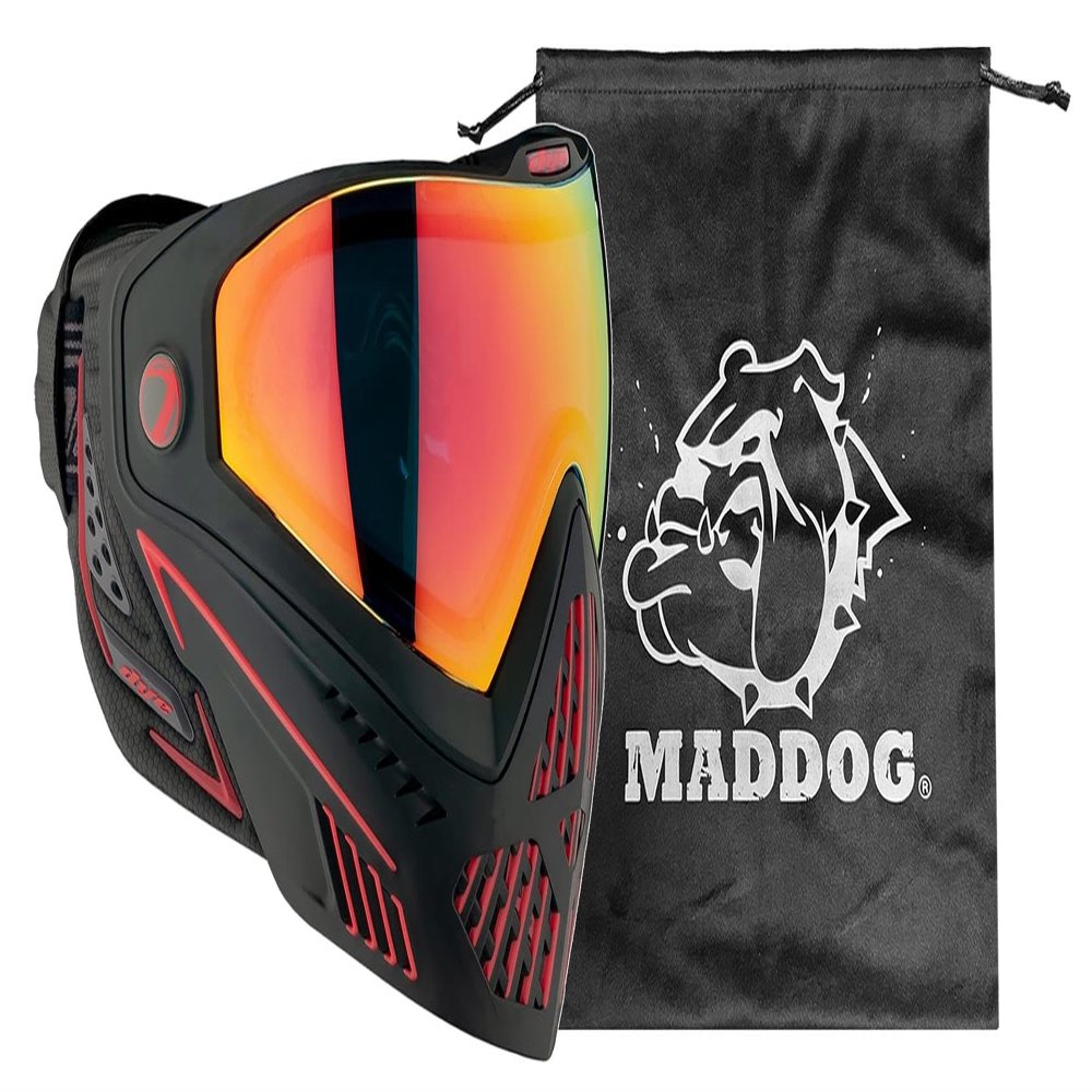Maddog Dye i5 Thermal Dual-Pane Anti-Fog Lens Paintball Airsoft Mask Goggle System Combo with Microfiber Storage Bag | High Performance Safety Certified Protection - Fire 2.0 - Black/Red