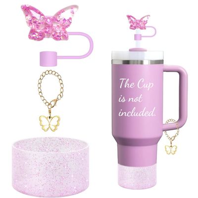 3 Pieces Accessories for Stanley CupButterfly Chain for Stumbler with Handle, Silicone Boot and Straw covers Stuff Decor Water Bottle Jewelry Tumbler Personalized Decorations Tag (Purple)