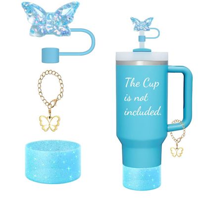 3PCS Butterfly Straw Topper Accessories for StanleyIncluding 1pc Bling Straw cover for 30 40 oz Tumbler with Handle,1PC Shiny Boot and 1PC Charm Chain Decor for Water Bottle Personalized Tags(Blue)