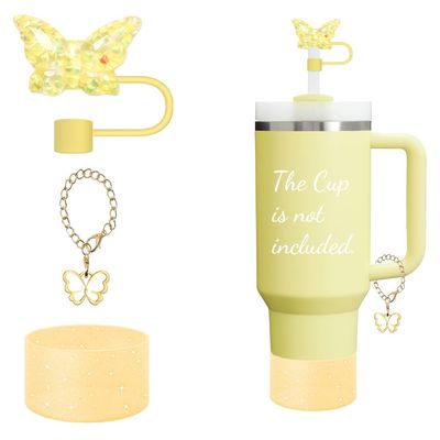 3 Pieces Accessories for Stanley CupButterfly Chain for Stumbler with Handle, Silicone Boot and Straw Covers Stuff Decor Water Bottle Jewelry Tumbler Personalized Decorations Tag
