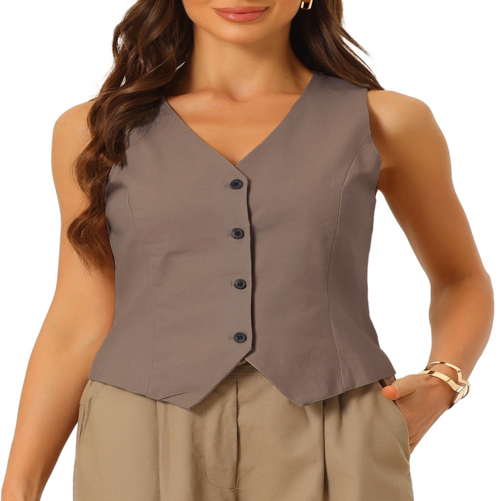 Allegra K Vest Waistcoat for Women's Fashion Sleeveless Button Down V Neck Crop Top Summer Vest X-Small Coffee