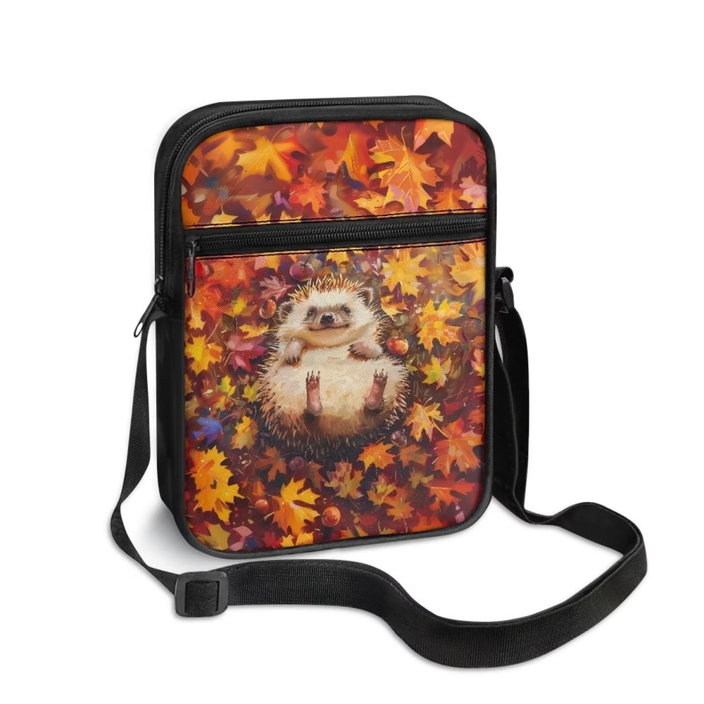 TODIYADDU Cute Hedgehog Shoulder Bag for Women Crossbody Sling Bag Red Maple Leaves Messenger Bag Small Cell Phone Purse Holder Wallet Portable Handbags for Notebook Keys Cards Nice Chest Bag