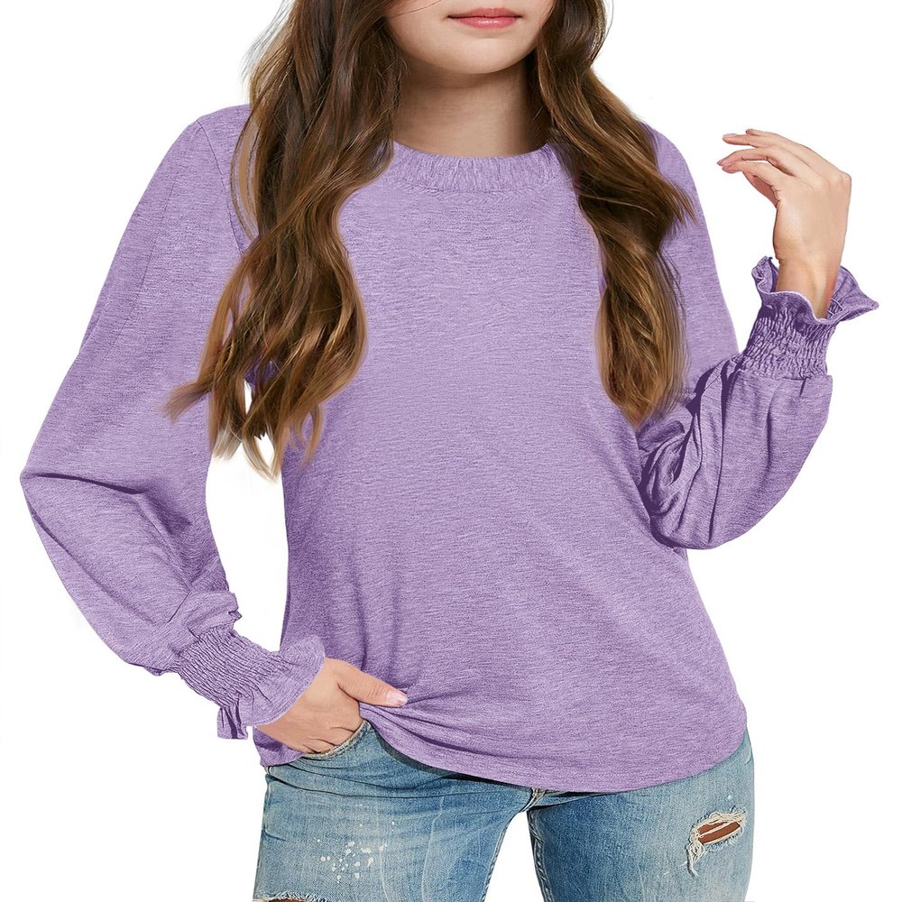 Haloumoning Girls Long Sleeve Shirts Kids Fashion Crew Neck Tunic Tops Blouse 5-14 Years Purple