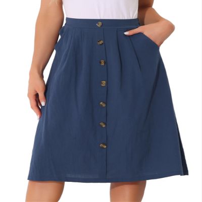 Allegra K Midi Skirts for Women Casual High Elastic Waist Button Pleated a Line Skirts Dress with Pockets Small Navy Blue
