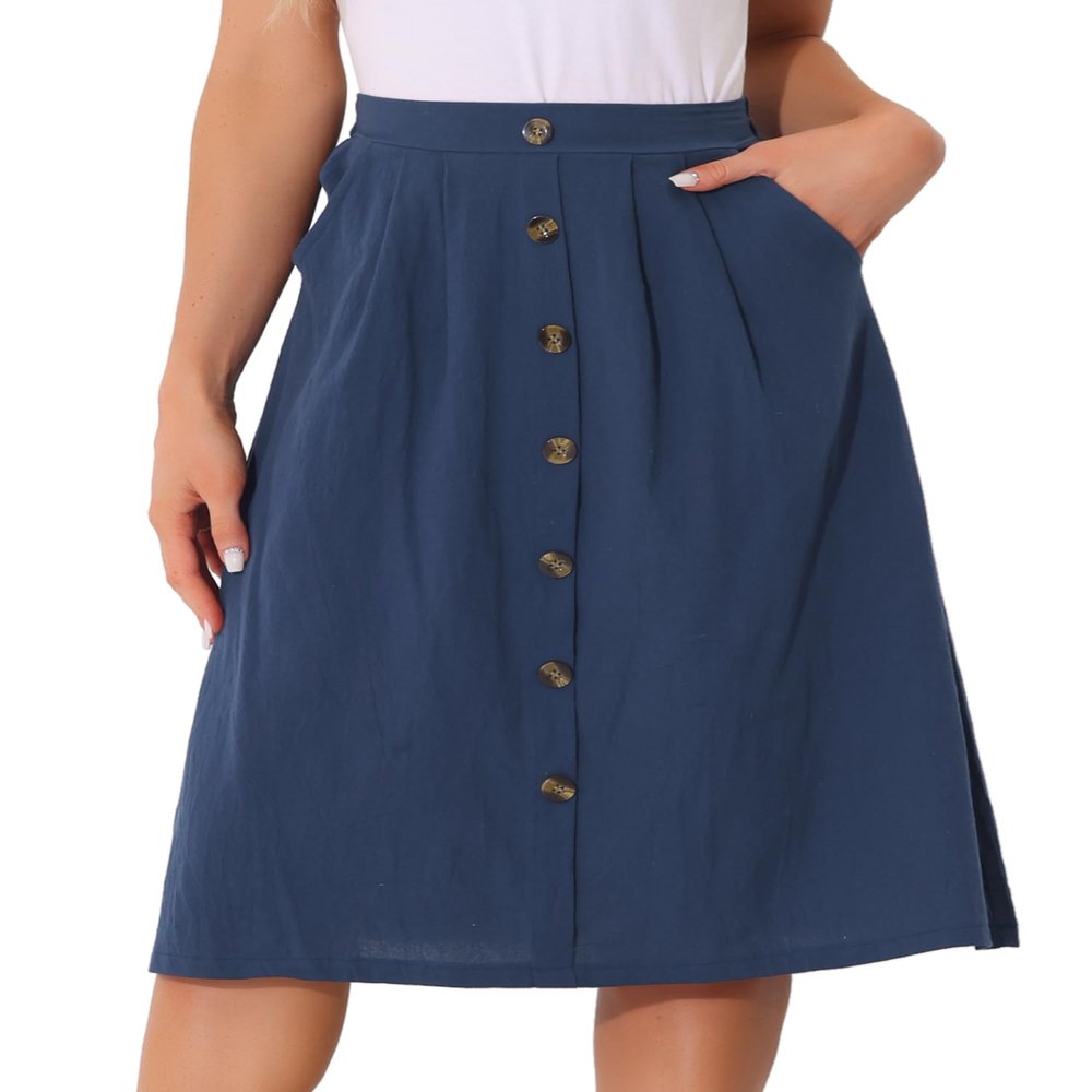 Allegra K Midi Skirts for Women Casual High Elastic Waist Button Pleated a Line Skirts Dress with Pockets Small Navy Blue
