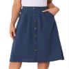 Allegra K Midi Skirts for Women Casual High Elastic Waist Button Pleated a Line Skirts Dress with Pockets Small Navy Blue view 1