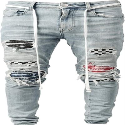 Maiyifu-GJ Men's Fashion Skinny Ripped Distressed Biker Jeans Slim Fit Stretch Hip Hop Denim Pants Tapered Leg Jeans Trousers (Light Blue,X-Large)