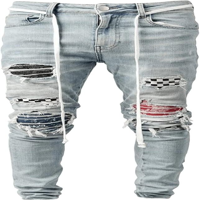 Maiyifu-GJ Men's Fashion Skinny Ripped Distressed Biker Jeans Slim Fit Stretch Hip Hop Denim Pants Tapered Leg Jeans Trousers (Light Blue,X-Large)