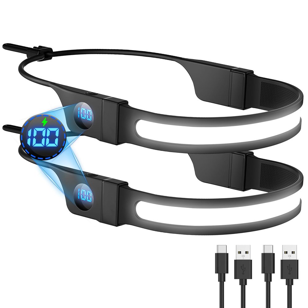 Aikertec Headlamp Rechargeable 2PCS, 260 Wide Beam Head Lamp, 3Mode, LCD Digital Display, LED Rechargeable Headlamps for Adults, Outdoor Camping Headlamps for Running Hiking