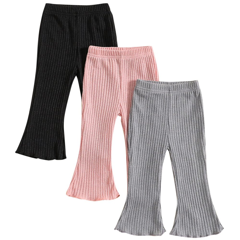 NineFit Basics 3 Pack Baby Pants Toddler Girl Ribbed Ruffle Bell Bottoms Toddler Leggings Baby Boy Pants Newborn (Pink, 12-18 Months)