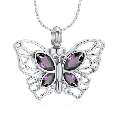 constantlife Butterfly Urn Necklace Cremation Jewelry for Ashes for Women Stainless Steel Inlaid Crystal Memorial Pendant Human Pet Ash Holder Keepsake Gift (Silver+Purple)