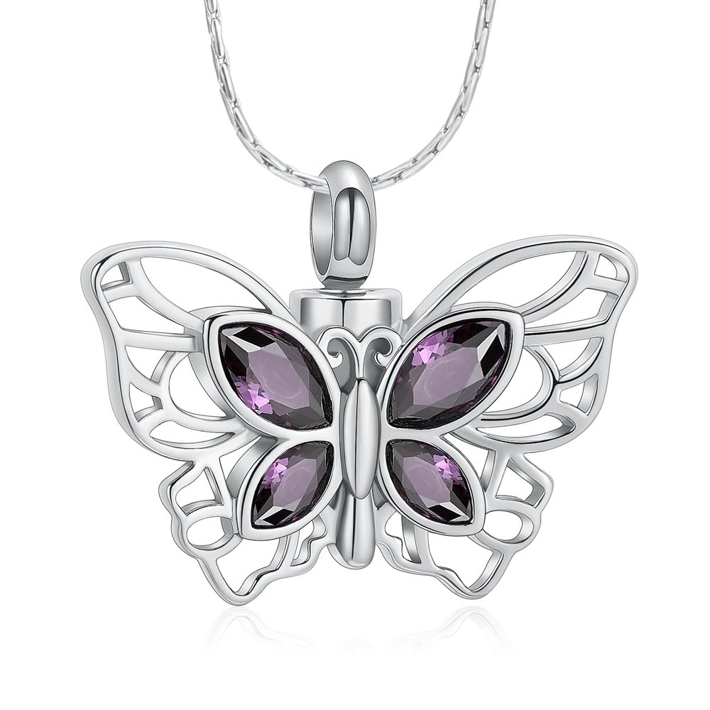 constantlife Butterfly Urn Necklace Cremation Jewelry for Ashes for Women Stainless Steel Inlaid Crystal Memorial Pendant Human Pet Ash Holder Keepsake Gift (Silver+Purple)