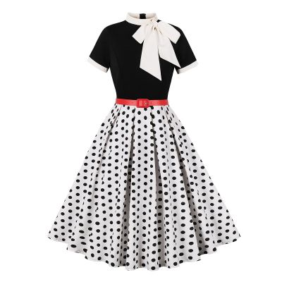 IDOPIP Women Elegant Tie Neck Polka Dot Vintage Dress 1950s Retro Cocktail Prom Swing Dress Formal Tea Party Pinup Dress Rockabilly Outfit Casual Wedding Guest Midi Dress with Belt White-Polka Dot XL